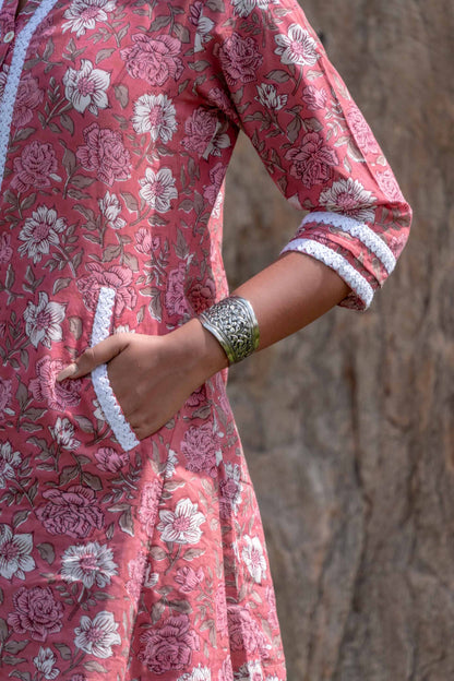 PINK FLORAL BLOCK PRINT LACE TOP-NVT30