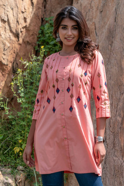 PEACH EMBROIDERED TOP-NVT01