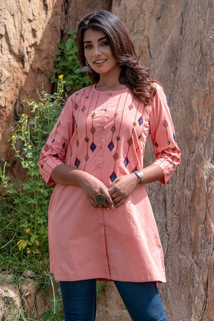 PEACH EMBROIDERED TOP-NVT01