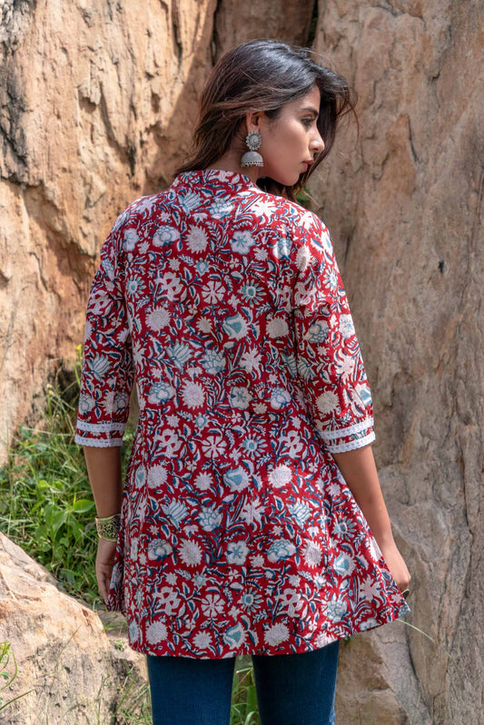 RED FLORAL BLOCK PRINT LACE TOP-NVT31