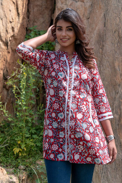 RED FLORAL BLOCK PRINT LACE TOP-NVT31
