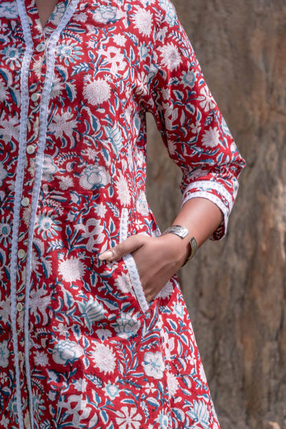 RED FLORAL BLOCK PRINT LACE TOP-NVT31