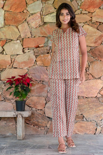 BAGRU RED CHEVRON BLOCK PRINTED NIGHT SUIT-NS141