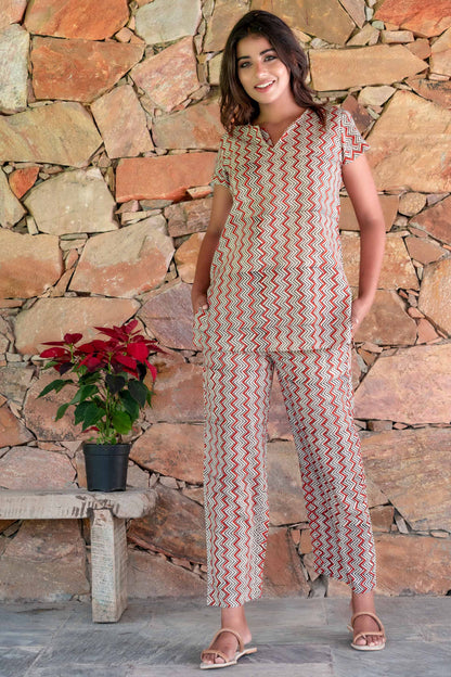BAGRU RED CHEVRON BLOCK PRINTED NIGHT SUIT-NS141