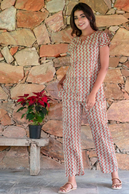 BAGRU RED CHEVRON BLOCK PRINTED NIGHT SUIT-NS141