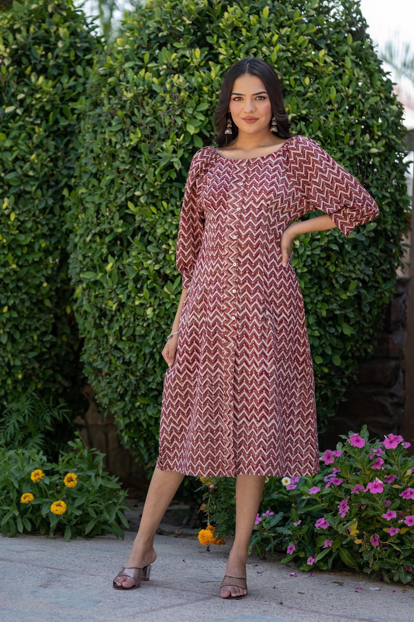 BROWN BLOCK PRINTED KALAMKARI DRESS-NFD60