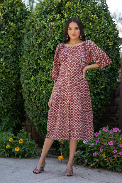 BROWN BLOCK PRINTED AJRAKH DRESS-NFD60