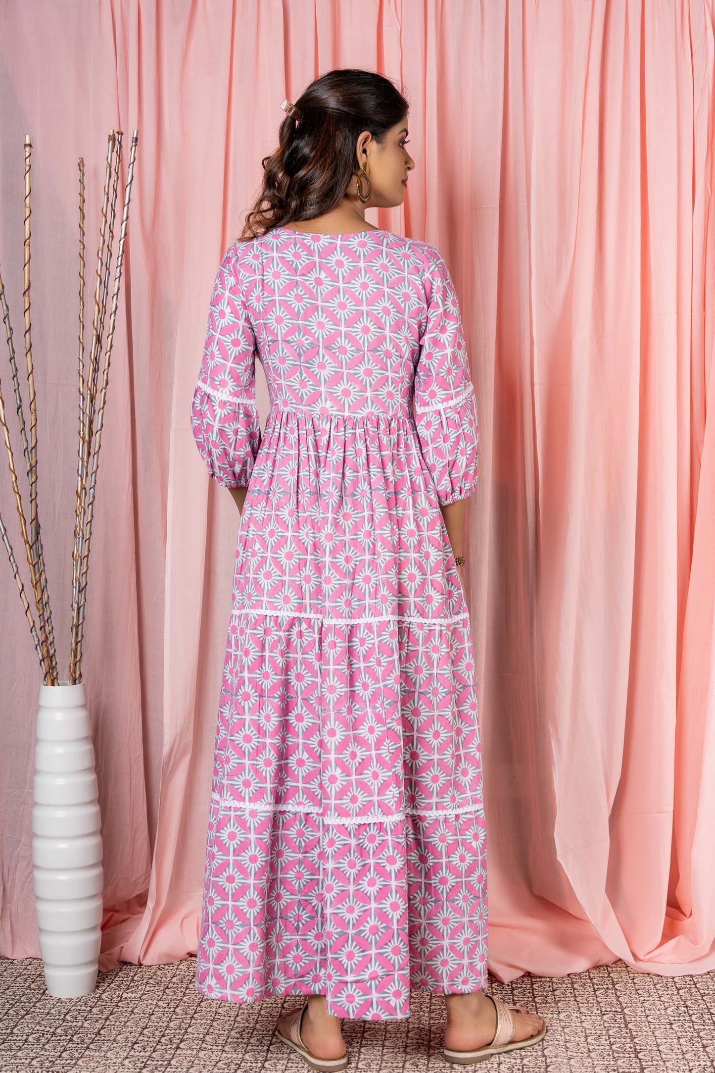 PINK GREY BLOCK PRINTED TIER DRESS-NFD9