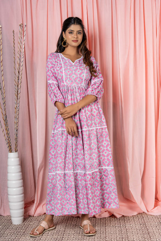 PINK GREY BLOCK PRINTED TIER DRESS-NFD9