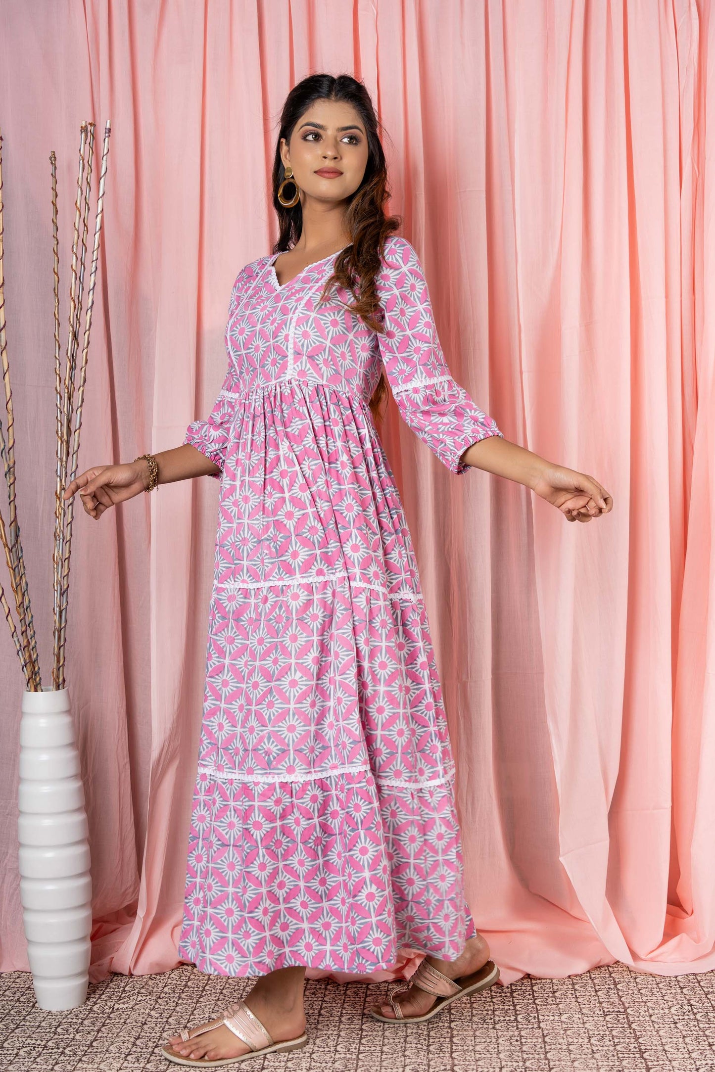 PINK GREY BLOCK PRINTED TIER DRESS-NFD9