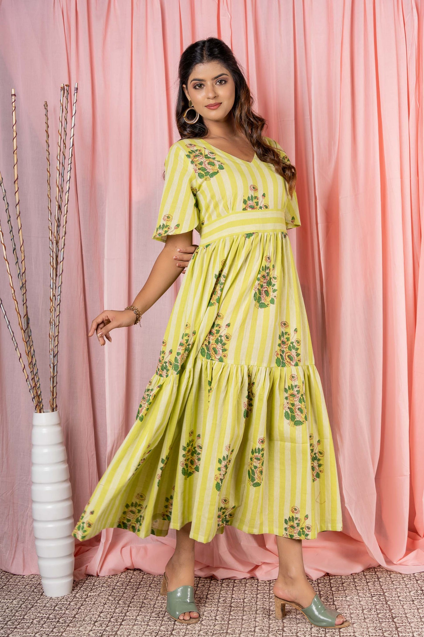 GREEN KHARI COTTON TIERED DRESS-NFD13