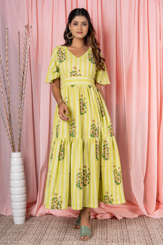 GREEN KHARI COTTON TIERED DRESS-NFD13