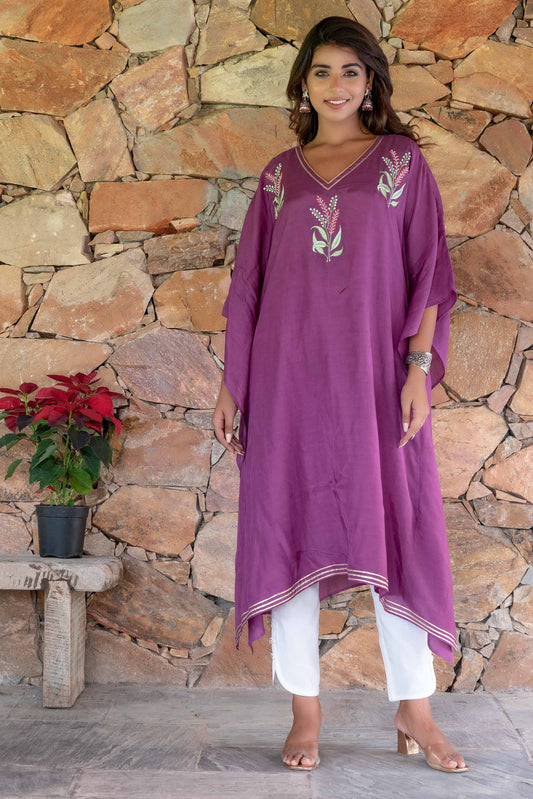 QUARTZ PURPLE EMBROIDERED MUSLIN SILK KAFTAN DRESS SET-NVK239