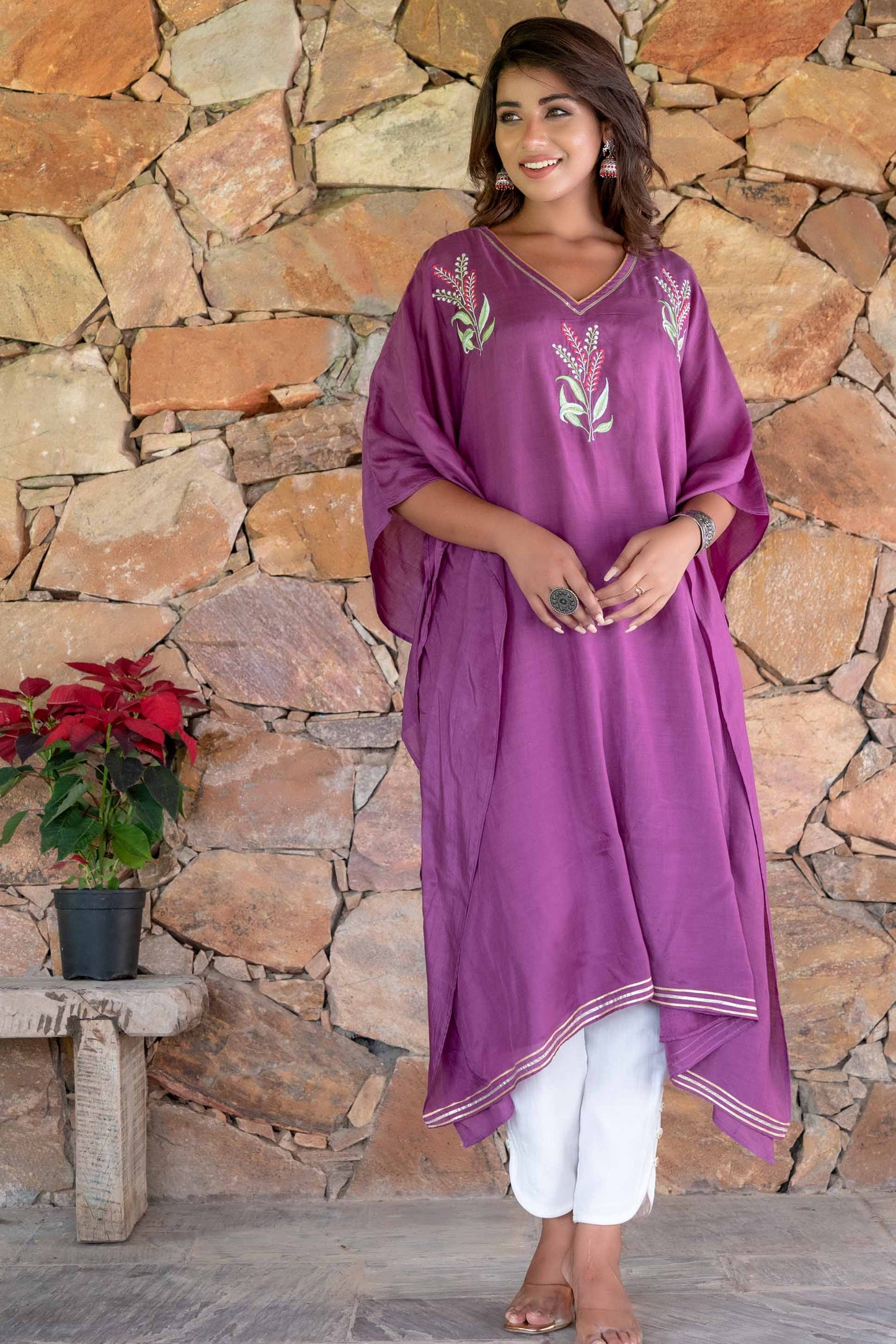 QUARTZ PURPLE EMBROIDERED MUSLIN SILK KAFTAN DRESS SET-NVK239