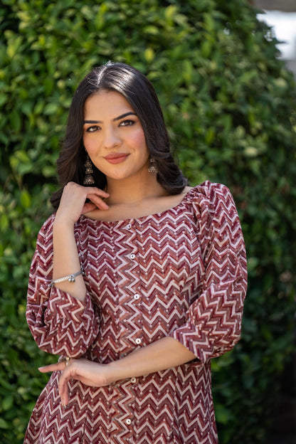 BROWN BLOCK PRINTED AJRAKH DRESS-NFD60