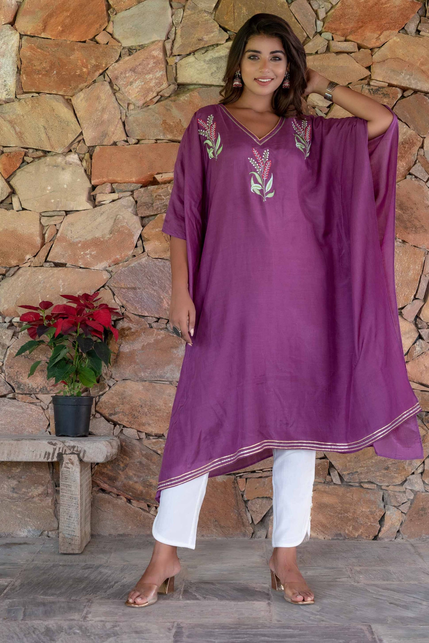 QUARTZ PURPLE EMBROIDERED MUSLIN SILK KAFTAN DRESS SET-NVK239