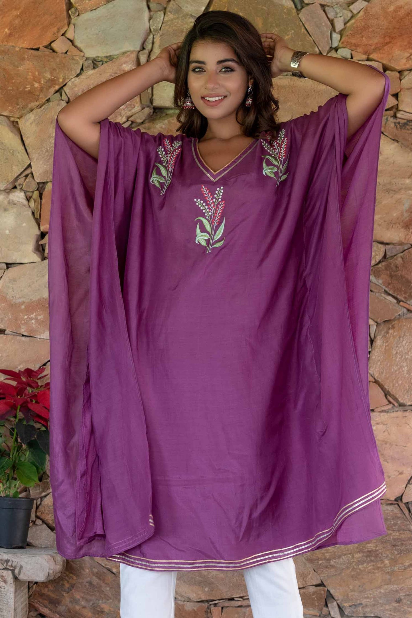 QUARTZ PURPLE EMBROIDERED MUSLIN SILK KAFTAN ONLY-NVK244