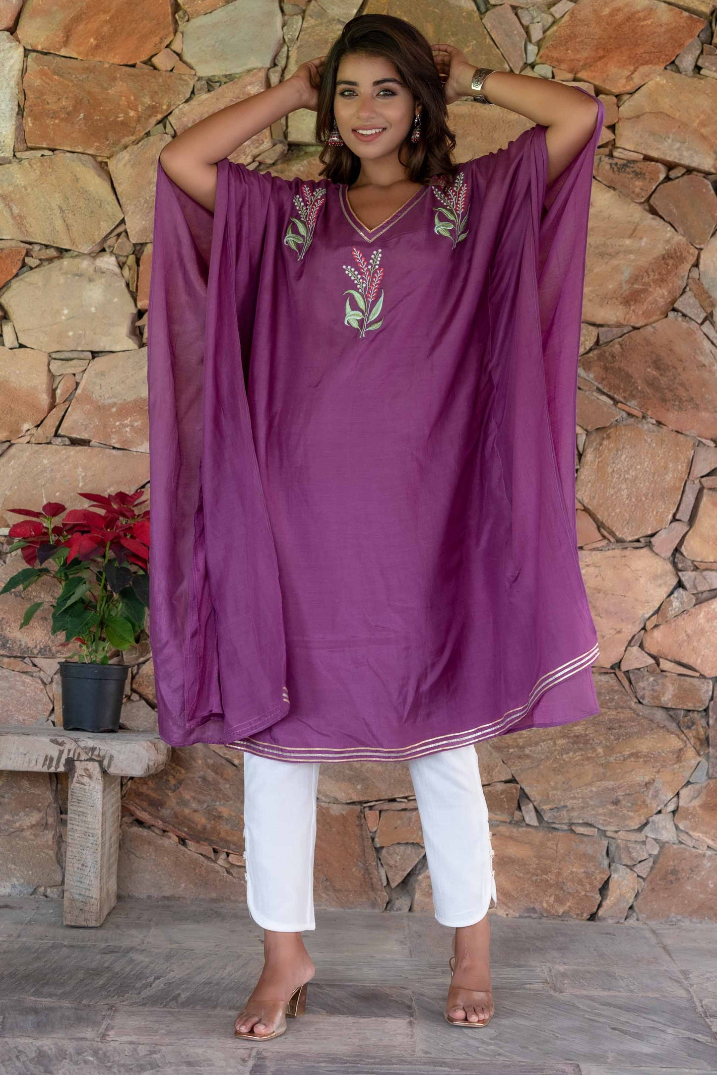 QUARTZ PURPLE EMBROIDERED MUSLIN SILK KAFTAN DRESS SET-NVK239