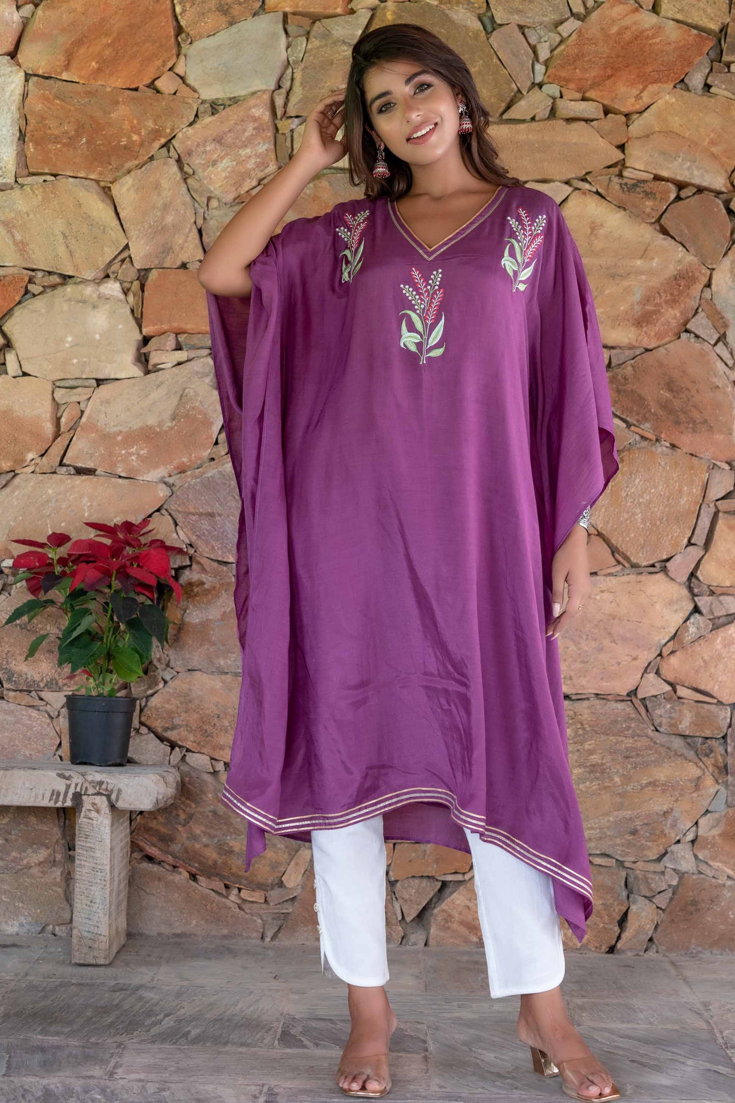 QUARTZ PURPLE EMBROIDERED MUSLIN SILK KAFTAN DRESS SET-NVK239