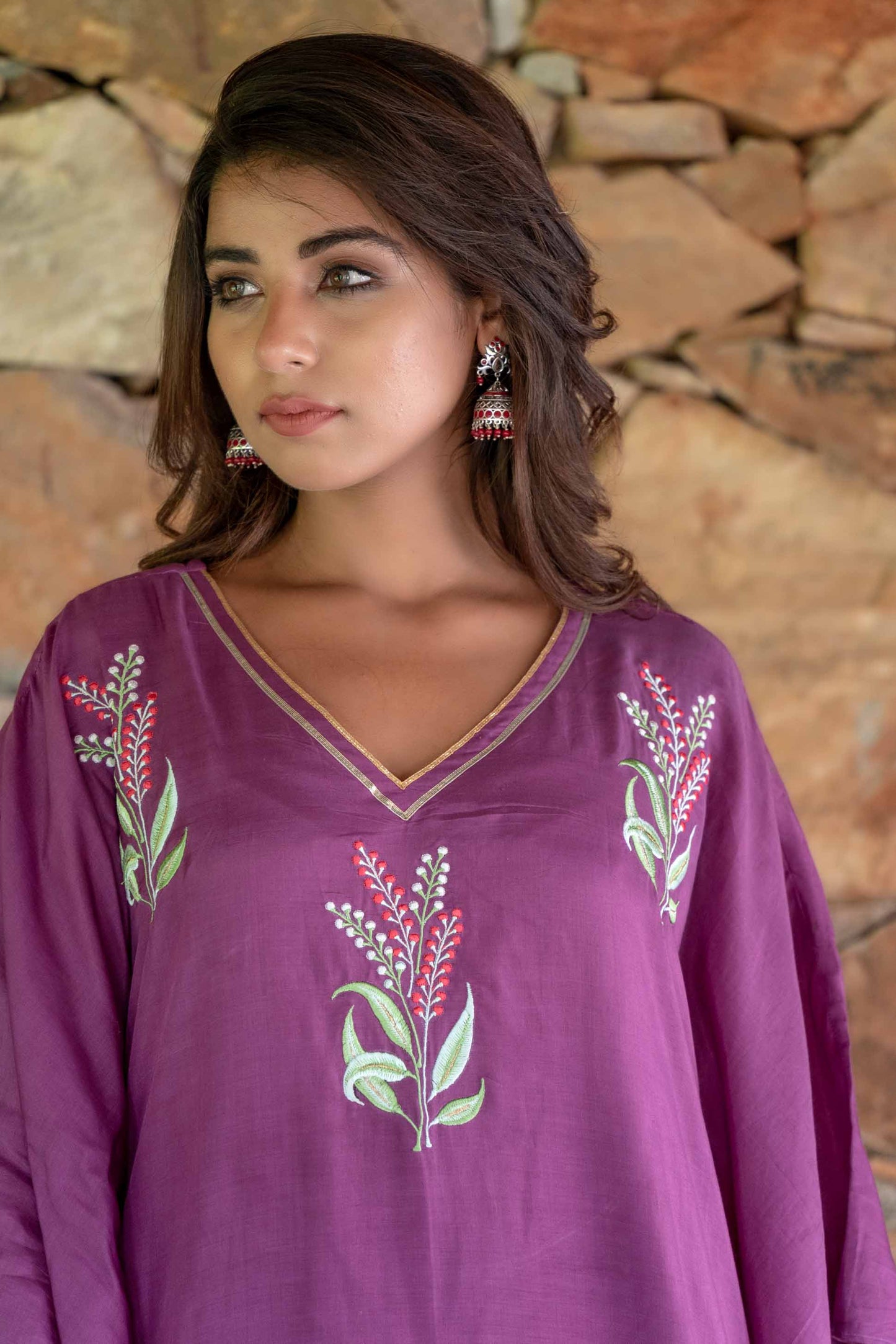 QUARTZ PURPLE EMBROIDERED MUSLIN SILK KAFTAN ONLY-NVK244