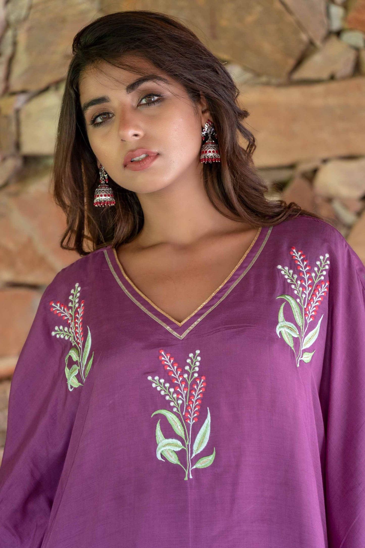 QUARTZ PURPLE EMBROIDERED MUSLIN SILK KAFTAN DRESS SET-NVK239