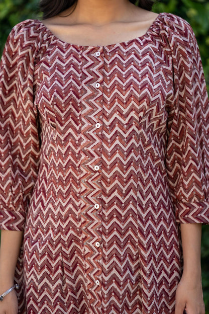 BROWN BLOCK PRINTED AJRAKH DRESS-NFD60