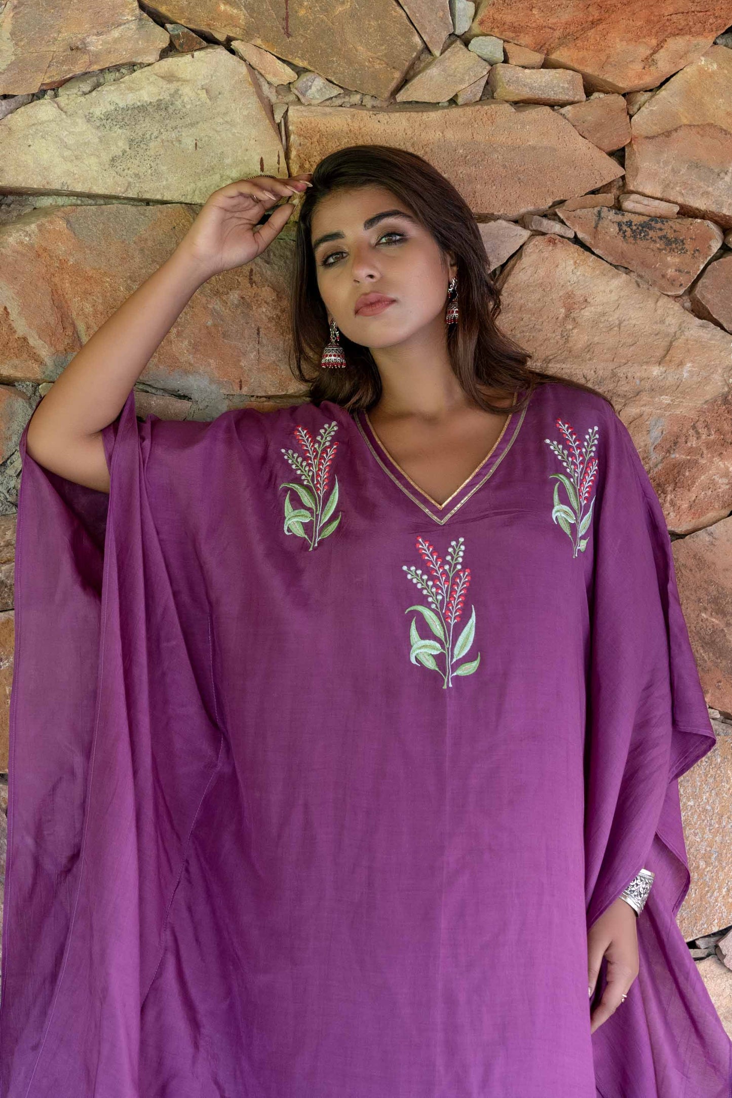 QUARTZ PURPLE EMBROIDERED MUSLIN SILK KAFTAN ONLY-NVK244