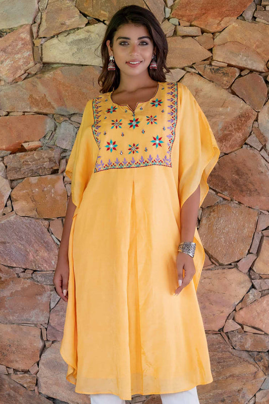 MANGO YELLOW EMBROIDERED MUSLIN SILK KAFTAN ONLY-NVK243