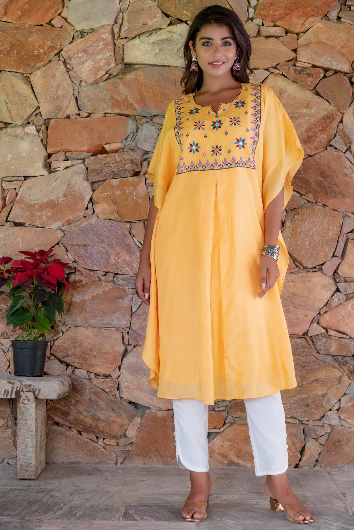 MANGO YELLOW EMBROIDERED MUSLIN SILK KAFTAN DRESS SET-NVK238