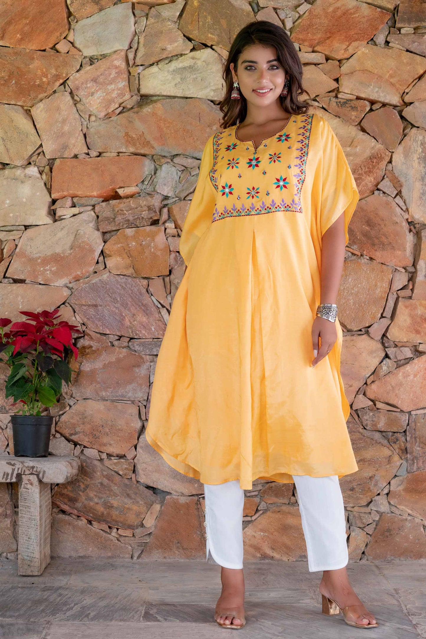 MANGO YELLOW EMBROIDERED MUSLIN SILK KAFTAN DRESS SET-NVK238