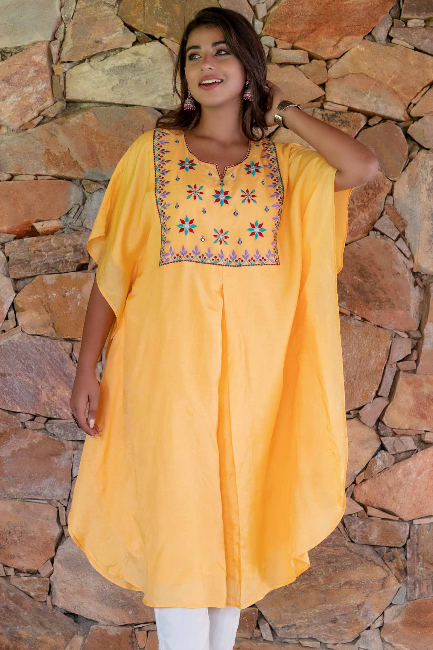 MANGO YELLOW EMBROIDERED MUSLIN SILK KAFTAN ONLY-NVK243