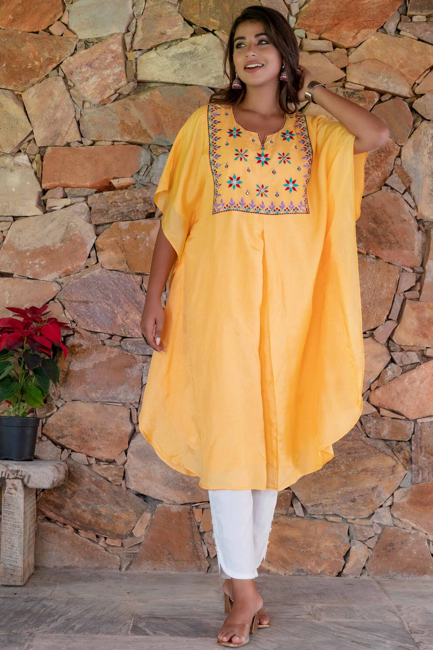 MANGO YELLOW EMBROIDERED MUSLIN SILK KAFTAN DRESS SET-NVK238