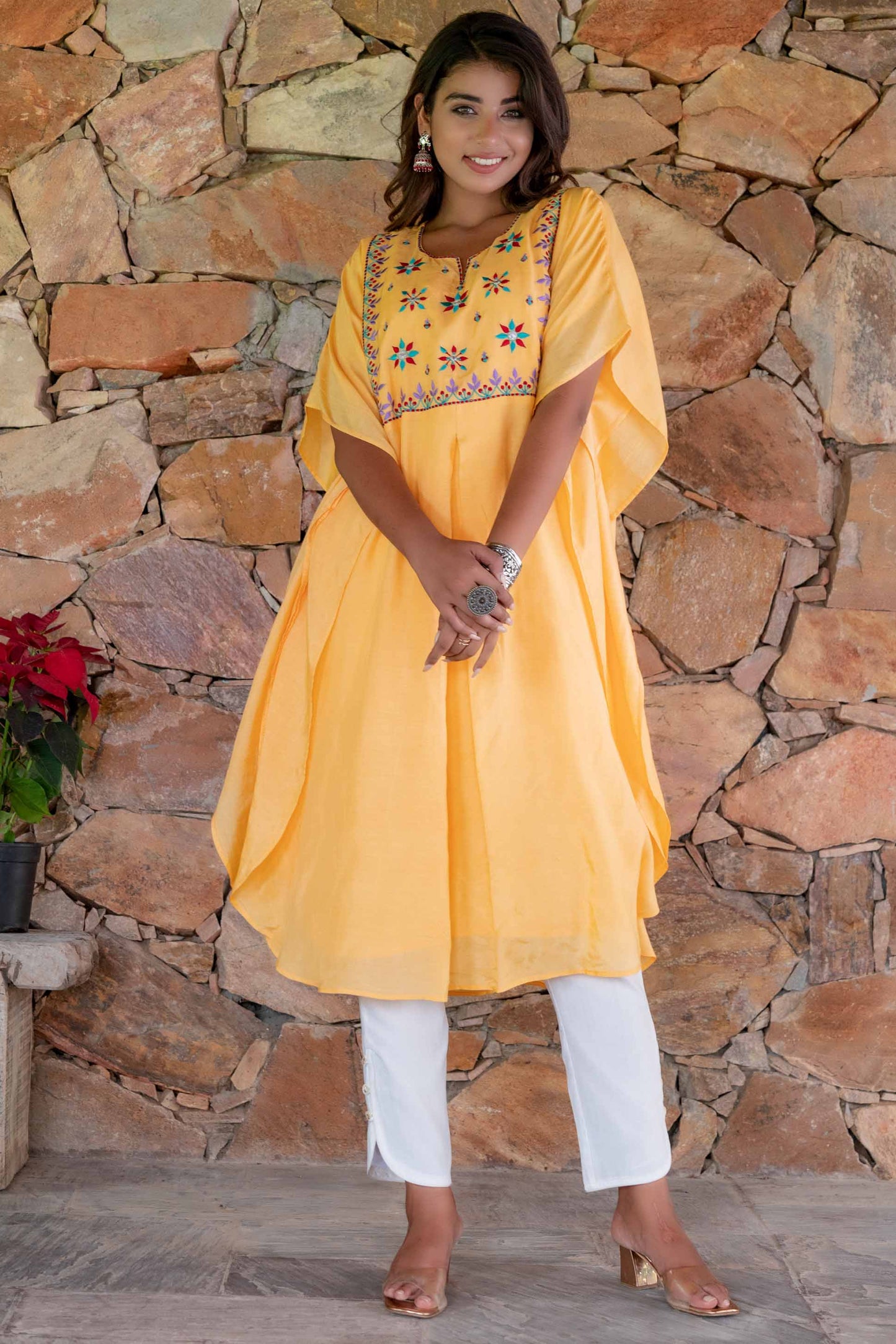 MANGO YELLOW EMBROIDERED MUSLIN SILK KAFTAN DRESS SET-NVK238