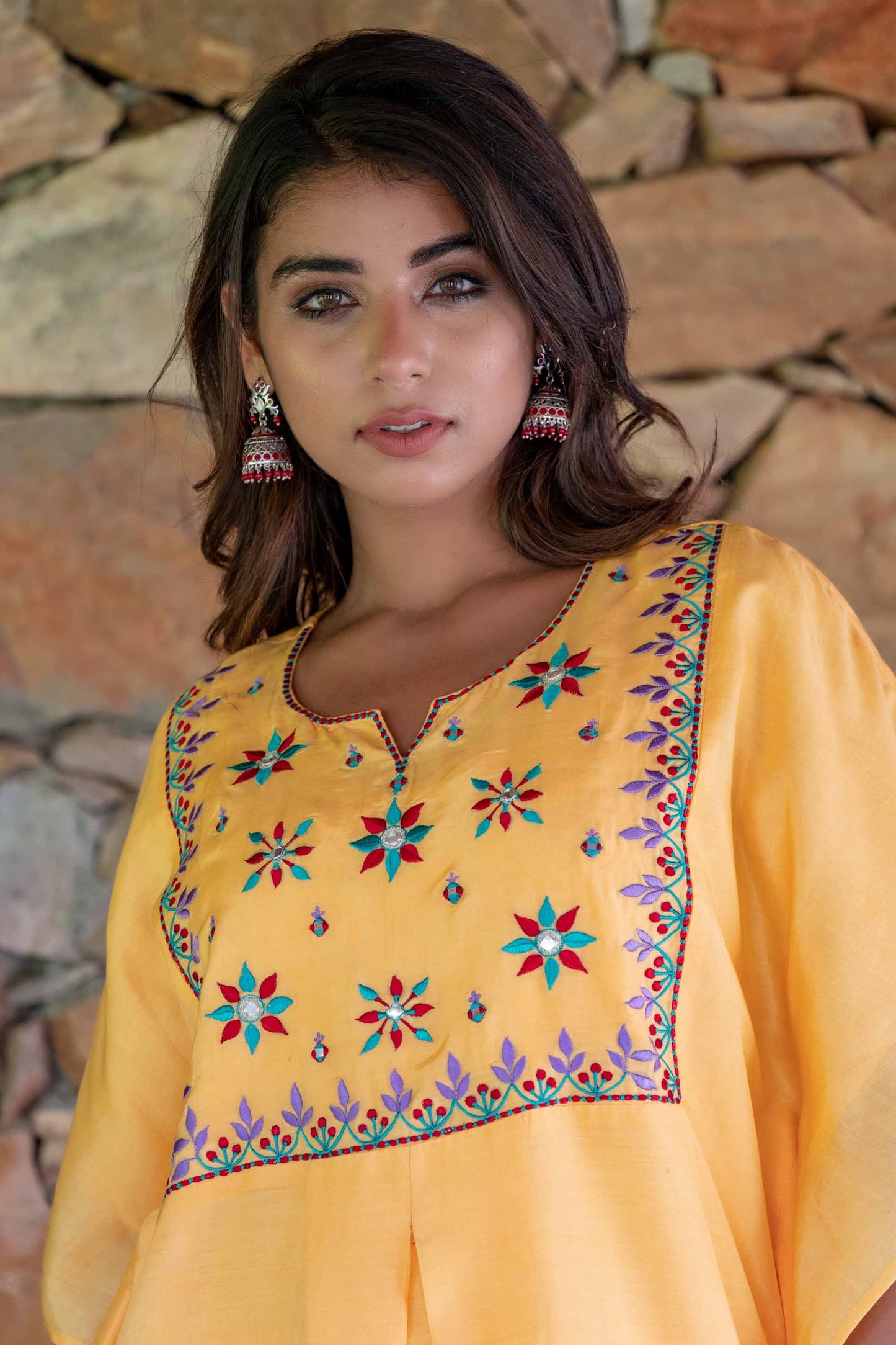 MANGO YELLOW EMBROIDERED MUSLIN SILK KAFTAN DRESS SET-NVK238