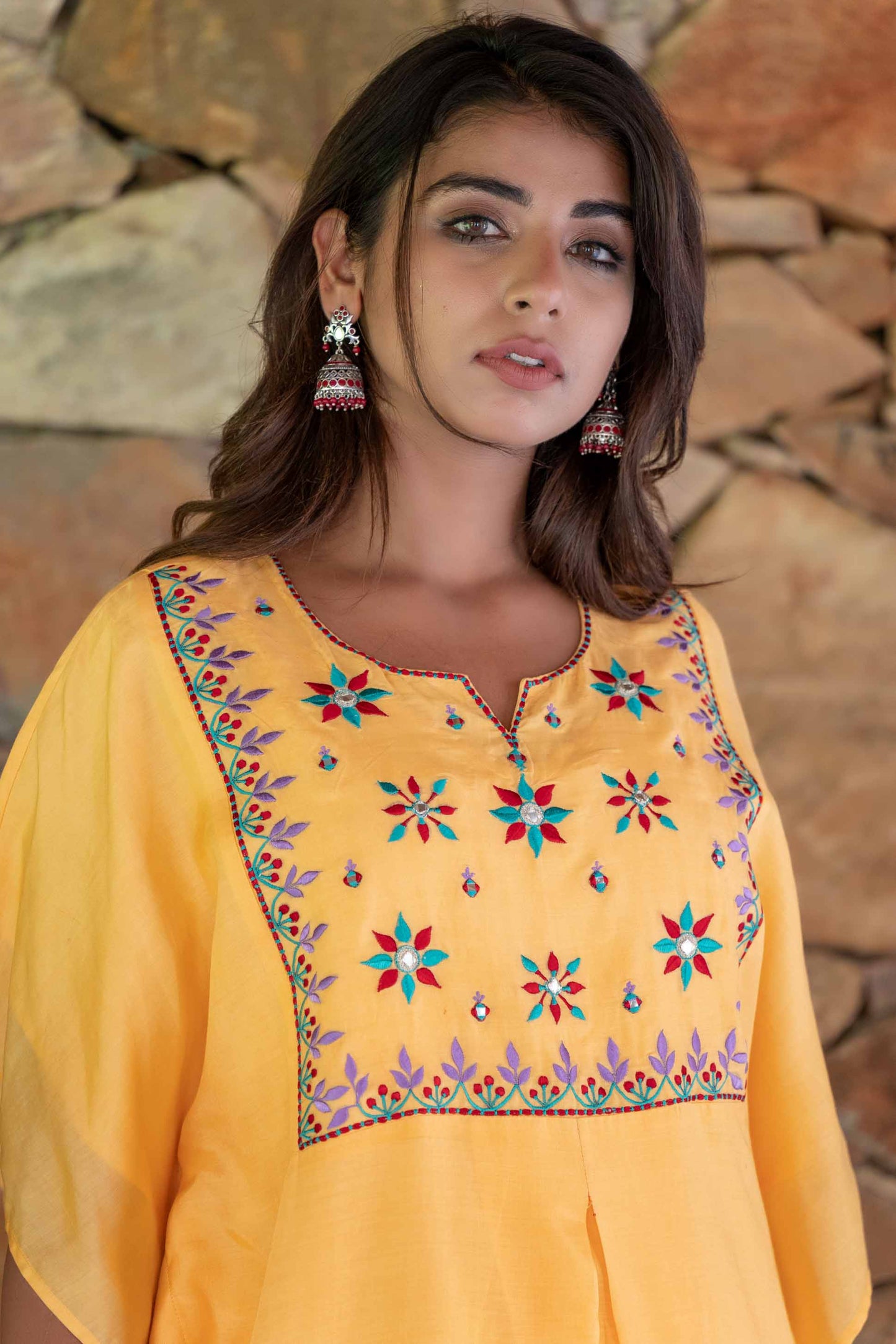 MANGO YELLOW EMBROIDERED MUSLIN SILK KAFTAN DRESS SET-NVK238