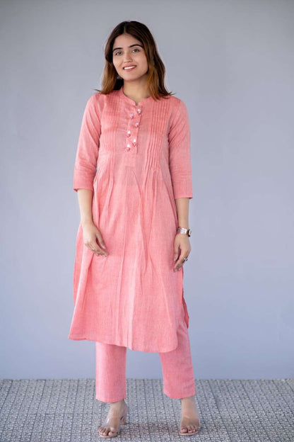 PEACH EMBROIDERED KHARI COTTON KURTA SET-NVKS720