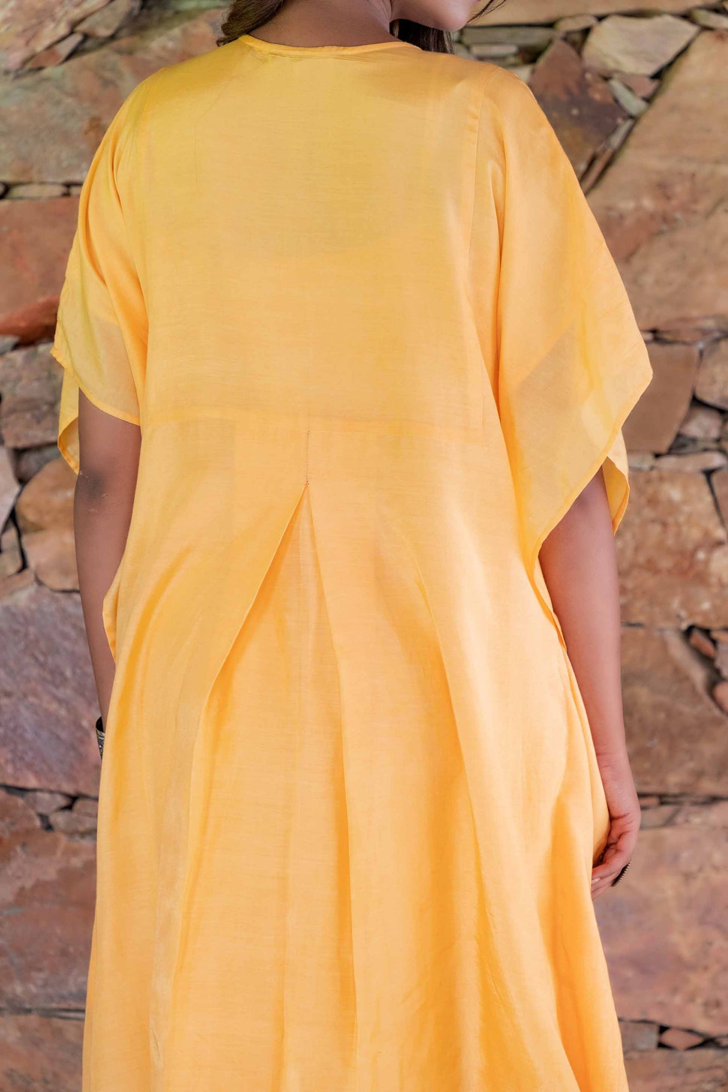 MANGO YELLOW EMBROIDERED MUSLIN SILK KAFTAN ONLY-NVK243