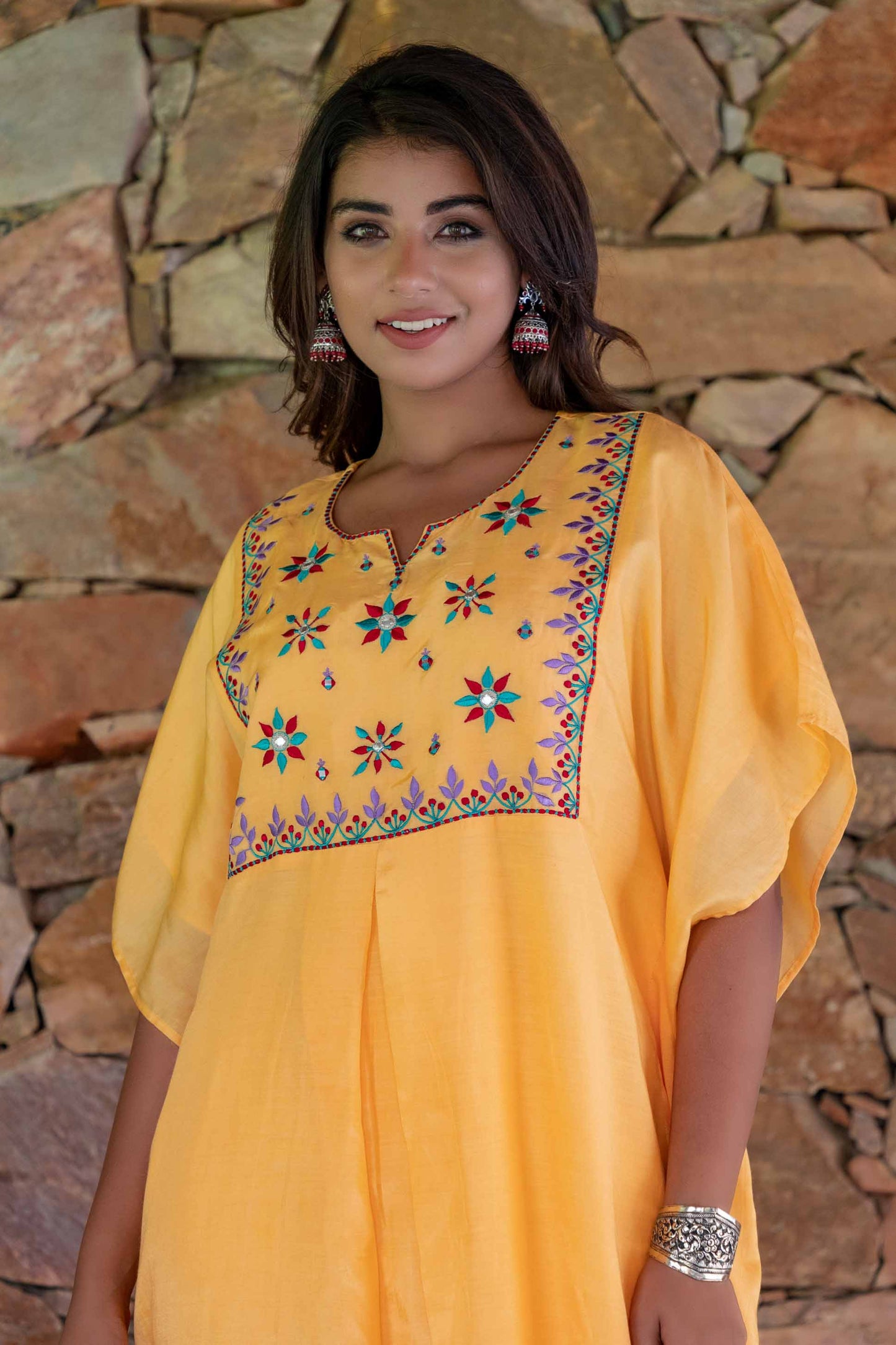 MANGO YELLOW EMBROIDERED MUSLIN SILK KAFTAN ONLY-NVK243