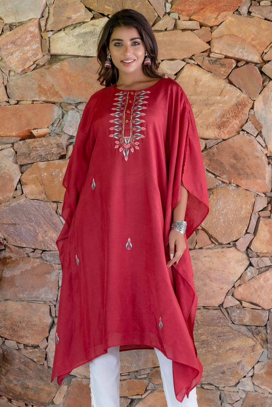 CRANBERRY RED EMBROIDERED MUSLIN SILK KAFTAN ONLY-NVK245