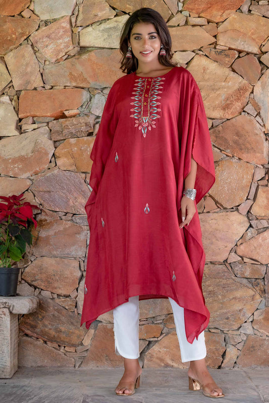 CRANBERRY RED EMBROIDERED MUSLIN SILK KAFTAN DRESS SET-NVK240