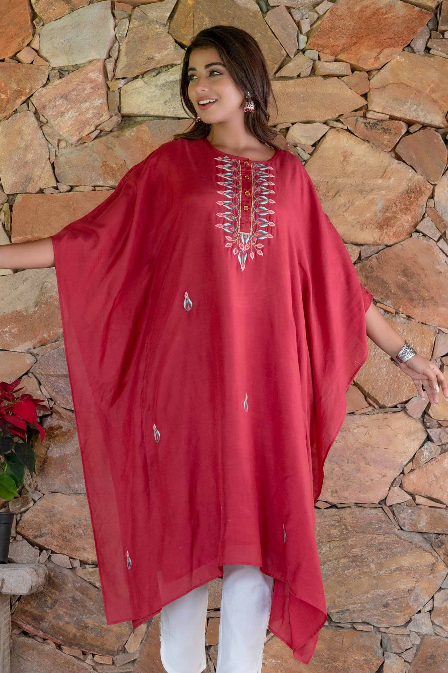 CRANBERRY RED EMBROIDERED MUSLIN SILK KAFTAN ONLY-NVK245