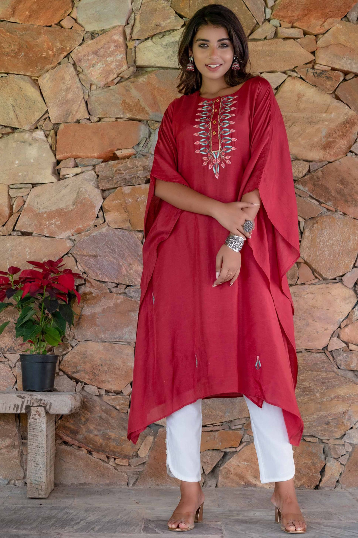 CRANBERRY RED EMBROIDERED MUSLIN SILK KAFTAN DRESS SET-NVK240