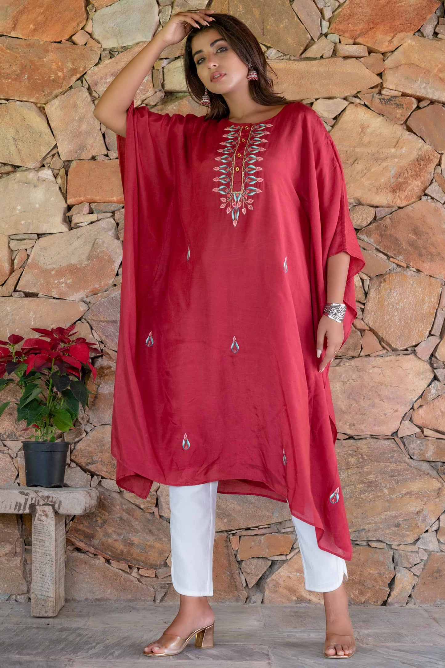 CRANBERRY RED EMBROIDERED MUSLIN SILK KAFTAN DRESS SET-NVK240