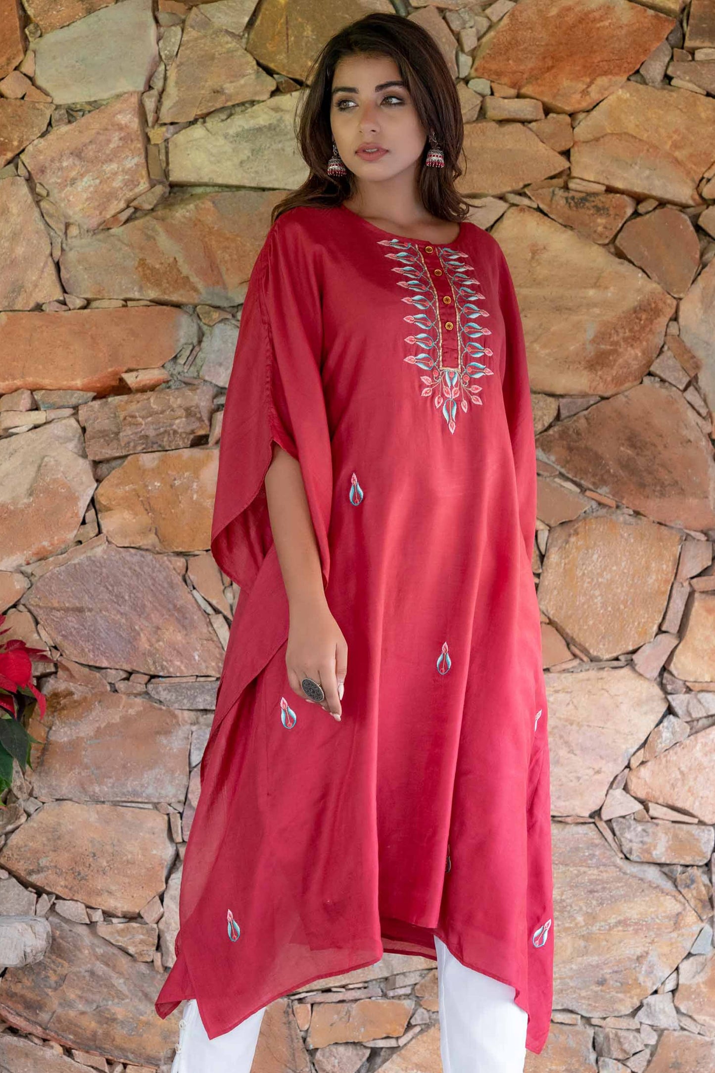 CRANBERRY RED EMBROIDERED MUSLIN SILK KAFTAN ONLY-NVK245