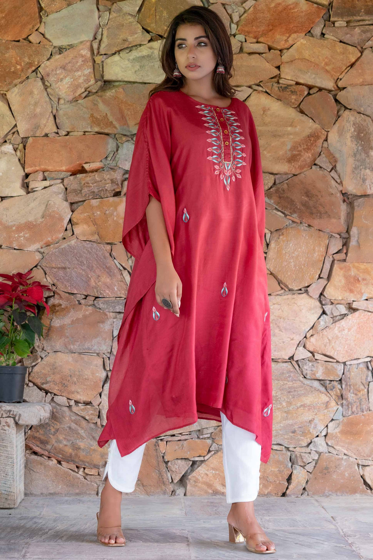 CRANBERRY RED EMBROIDERED MUSLIN SILK KAFTAN DRESS SET-NVK240