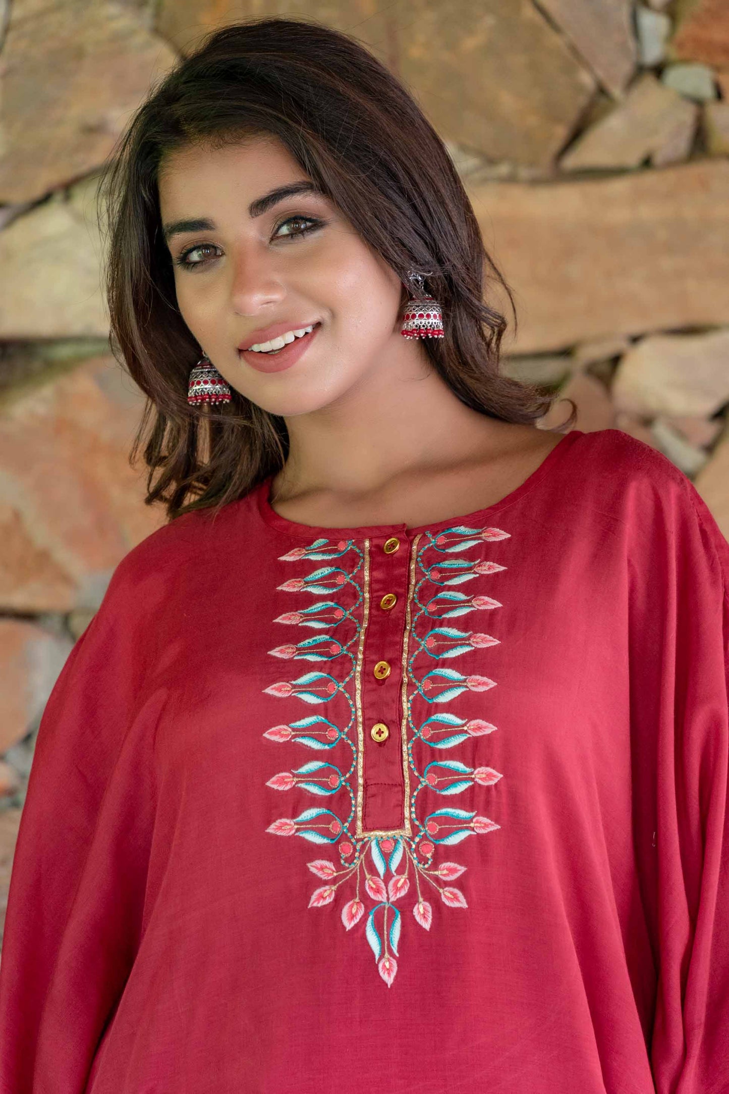 CRANBERRY RED EMBROIDERED MUSLIN SILK KAFTAN DRESS SET-NVK240