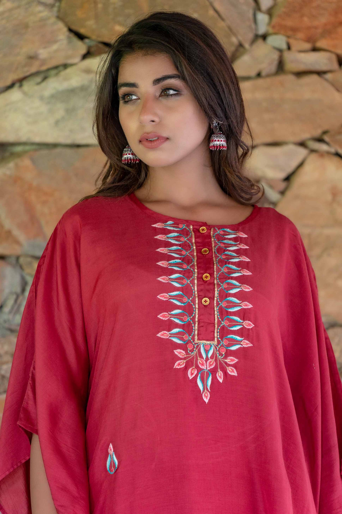 CRANBERRY RED EMBROIDERED MUSLIN SILK KAFTAN ONLY-NVK245