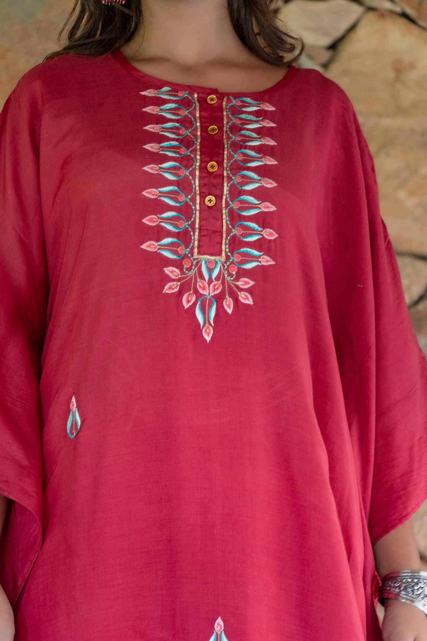 CRANBERRY RED EMBROIDERED MUSLIN SILK KAFTAN DRESS SET-NVK240