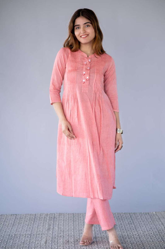 PEACH EMBROIDERED KHARI COTTON KURTA SET-NVKS720