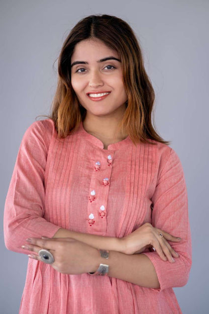 PEACH EMBROIDERED KHARI COTTON KURTA -NVKS748